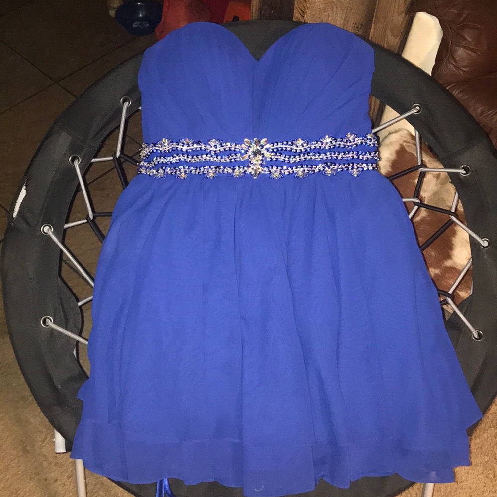 Blue strapless corset prom dress